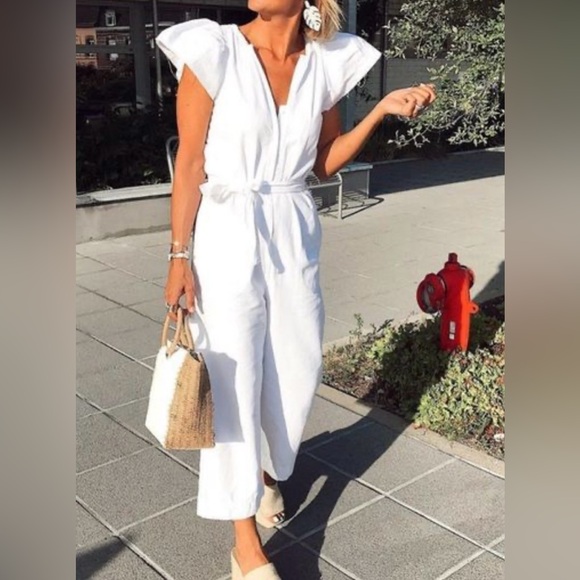 Zara White Rustic Cap Flutter Sleeve Jumpsuit Belted Cotton Summer Sz Small - Picture 8 of 16